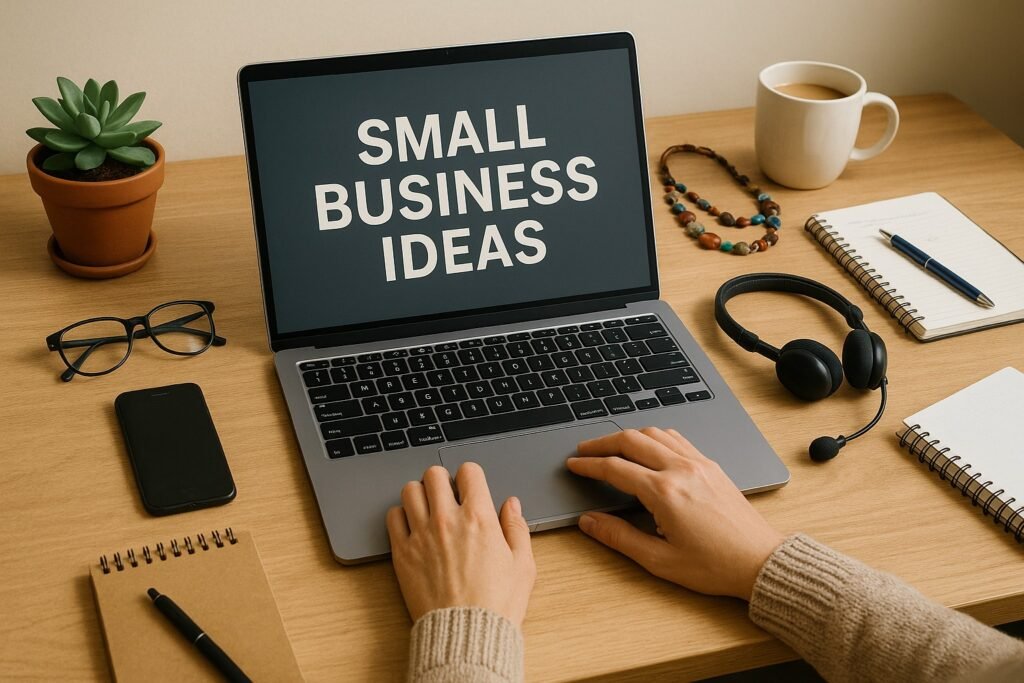 Home office workspace with a laptop displaying "SMALL BUSINESS IDEAS," surrounded by a coffee mug, headset, notebooks, succulent plant, eyeglasses, and smartphone on a wooden desk.