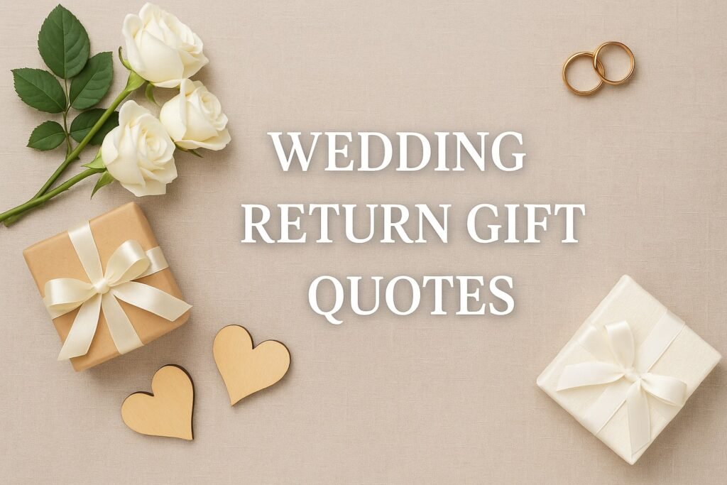 Elegant flat lay of wedding return gifts, roses, rings, and hearts with text "Wedding Return Gift Quotes" on a beige linen background.