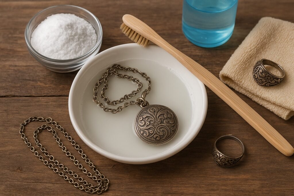 A tarnished silver necklace soaking in a bowl of cleaning solution, with a toothbrush, cloth, and cleaning powder nearby on a wooden table – illustrating safe methods to clean oxidized jewellery.