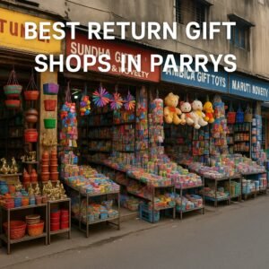 Street view of vibrant return gift shops in Parrys, Chennai, with colorful toys and decorations displayed outside.