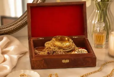 Large wooden jewellery box for organising gold chains bangles earrings and sets