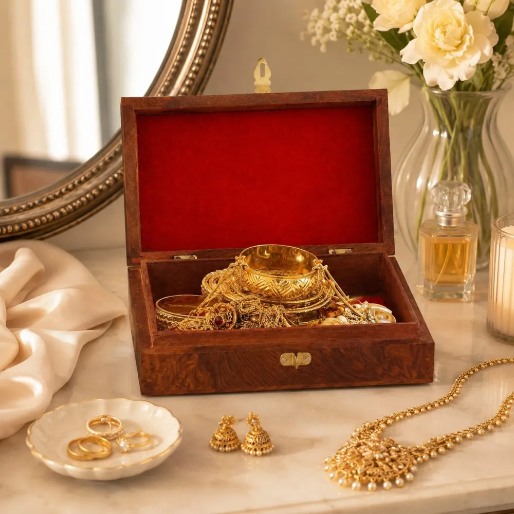 Large wooden jewellery box for organising gold chains bangles earrings and sets