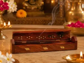 Wooden incense holder designed to support an agarbatti stick and catch ash