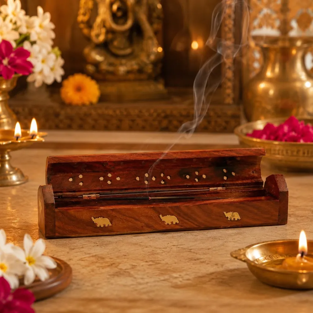 Wooden incense holder designed to support an agarbatti stick and catch ash