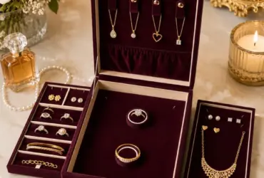 Maroon family jewellery box with trays and resettable lock