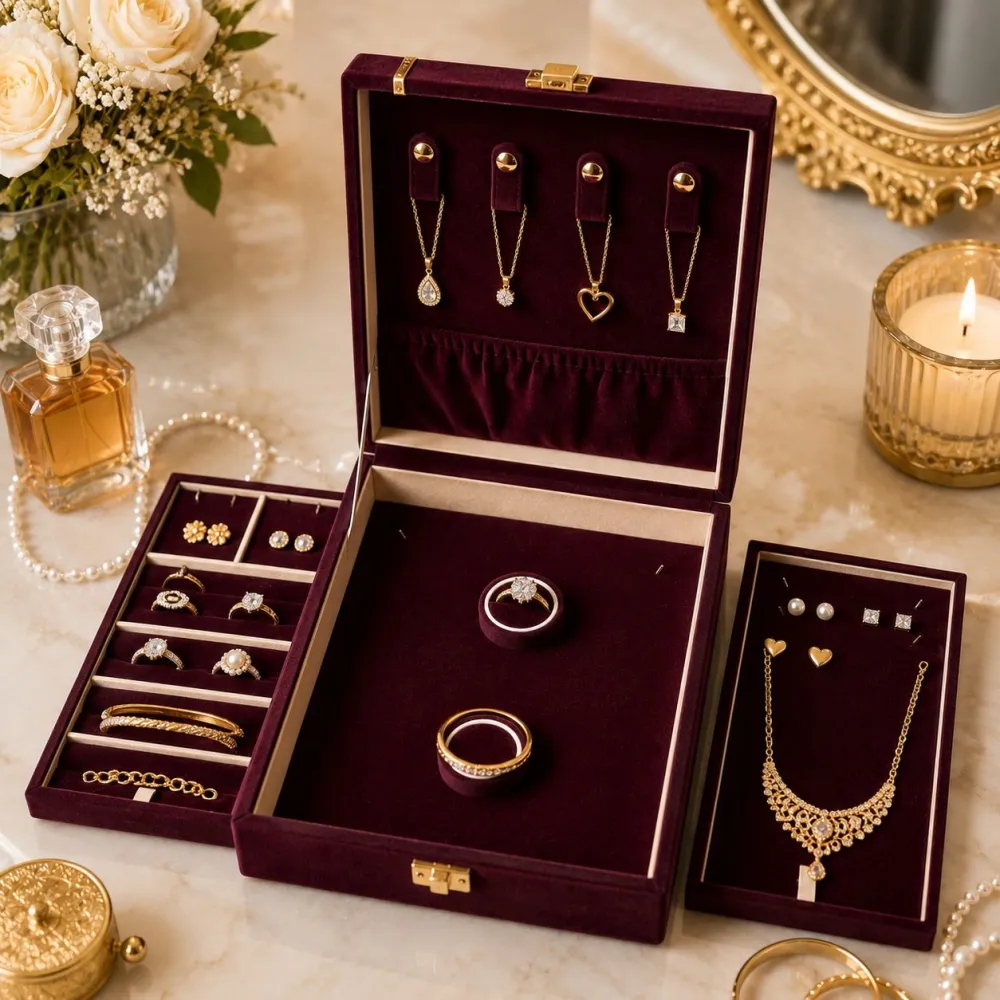 Maroon family jewellery box with trays and resettable lock