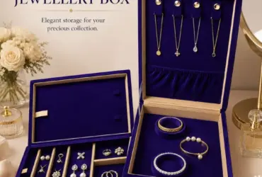Large blue family jewellery box with multiple storage trays