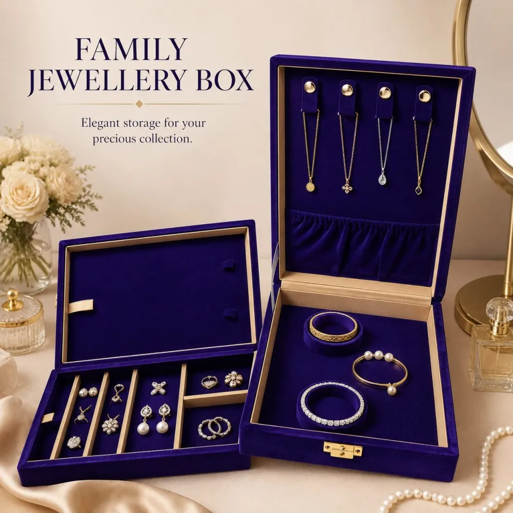 Large blue family jewellery box with multiple storage trays