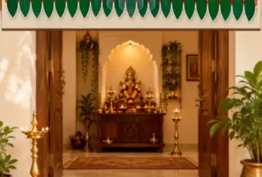 Plain green artificial mango leaf toran for a doorway