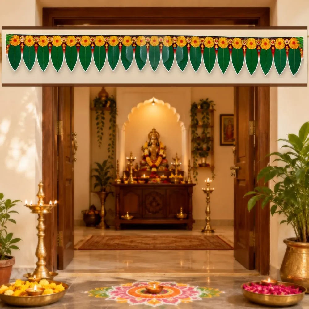 Plain green artificial mango leaf toran for a doorway
