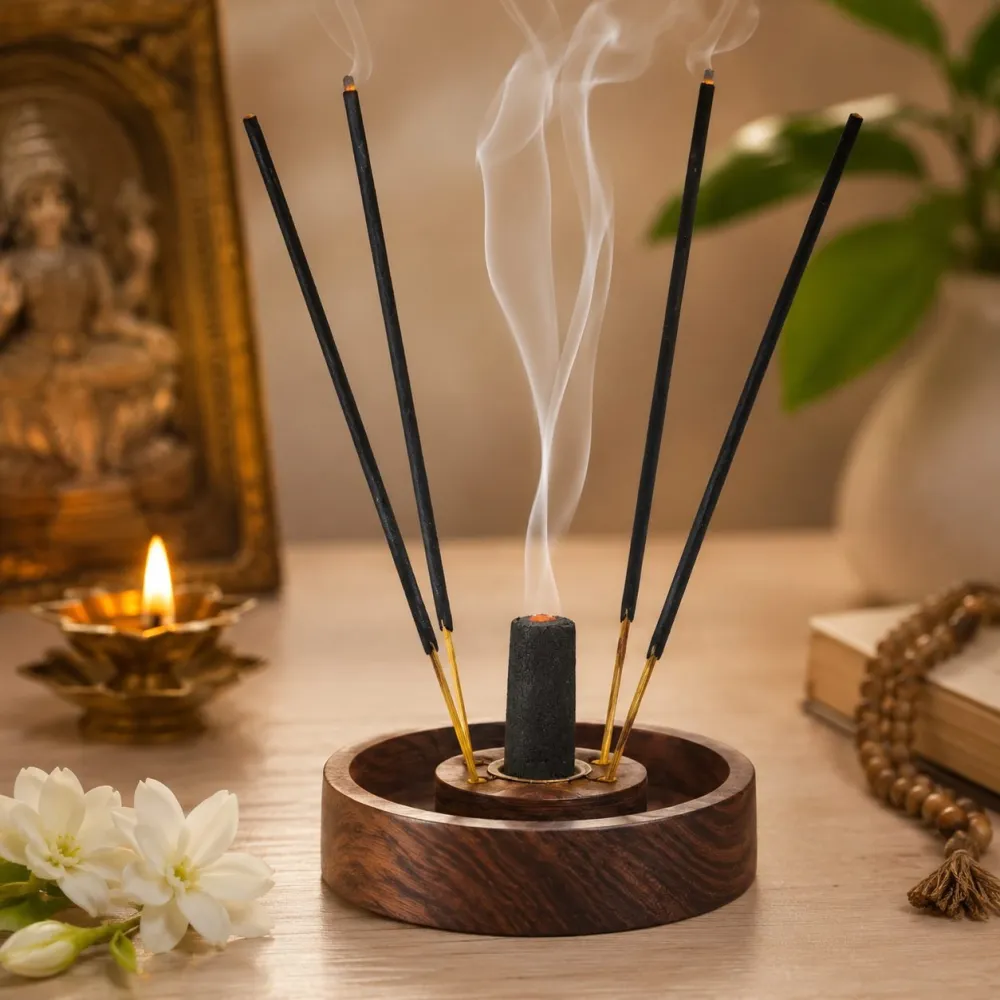 Bowl shaped two in one wooden holder for compatible incense formats