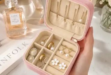 Small pink jewellery box with divided storage for rings earrings and chains