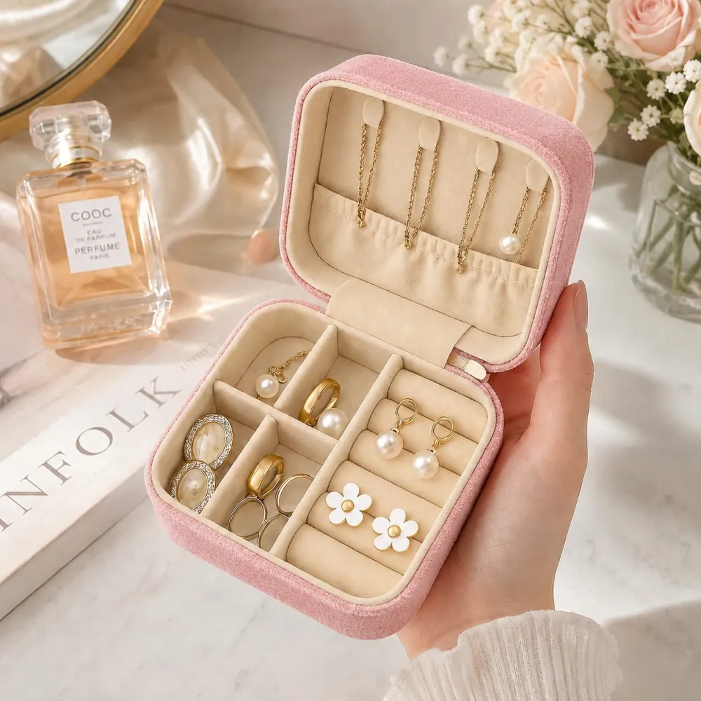 Small pink jewellery box with divided storage for rings earrings and chains