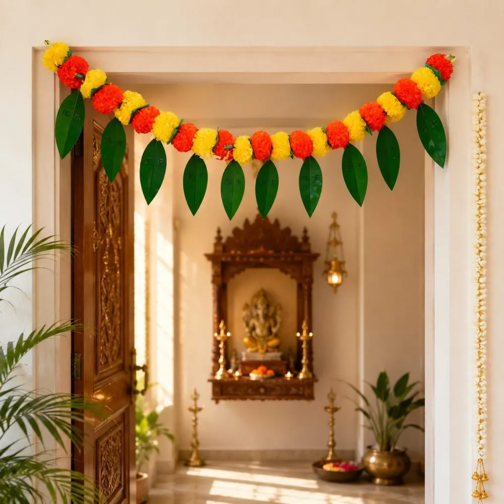 Yellow and orange marigold toran with artificial mango leaves for a doorway