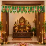 Artificial mango leaf toran with gold lace for a main door entrance
