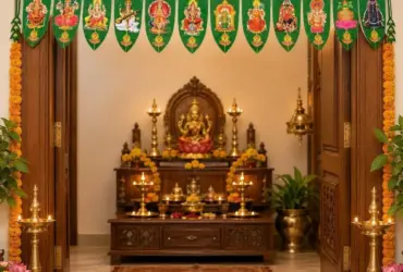 Artificial mango leaf toran with gold lace for a main door entrance