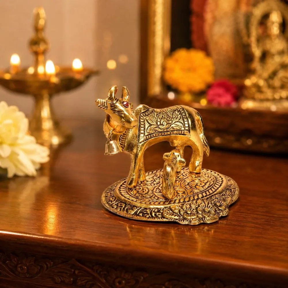 Decorative gold-coloured cow and calf statue on a base
