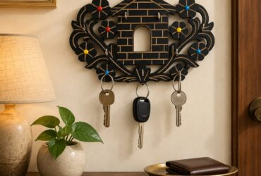 Decorative hut-shaped MDF wall key holder with multiple hooks