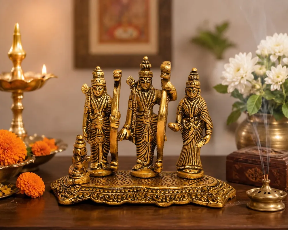 Gold-coloured Ram Darbar composition for a home mandir shelf