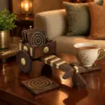 Wooden tea coaster set in a decorative bullock-cart holder