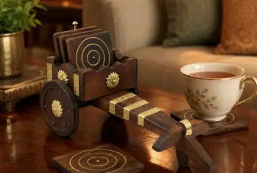 Wooden tea coaster set in a decorative bullock-cart holder
