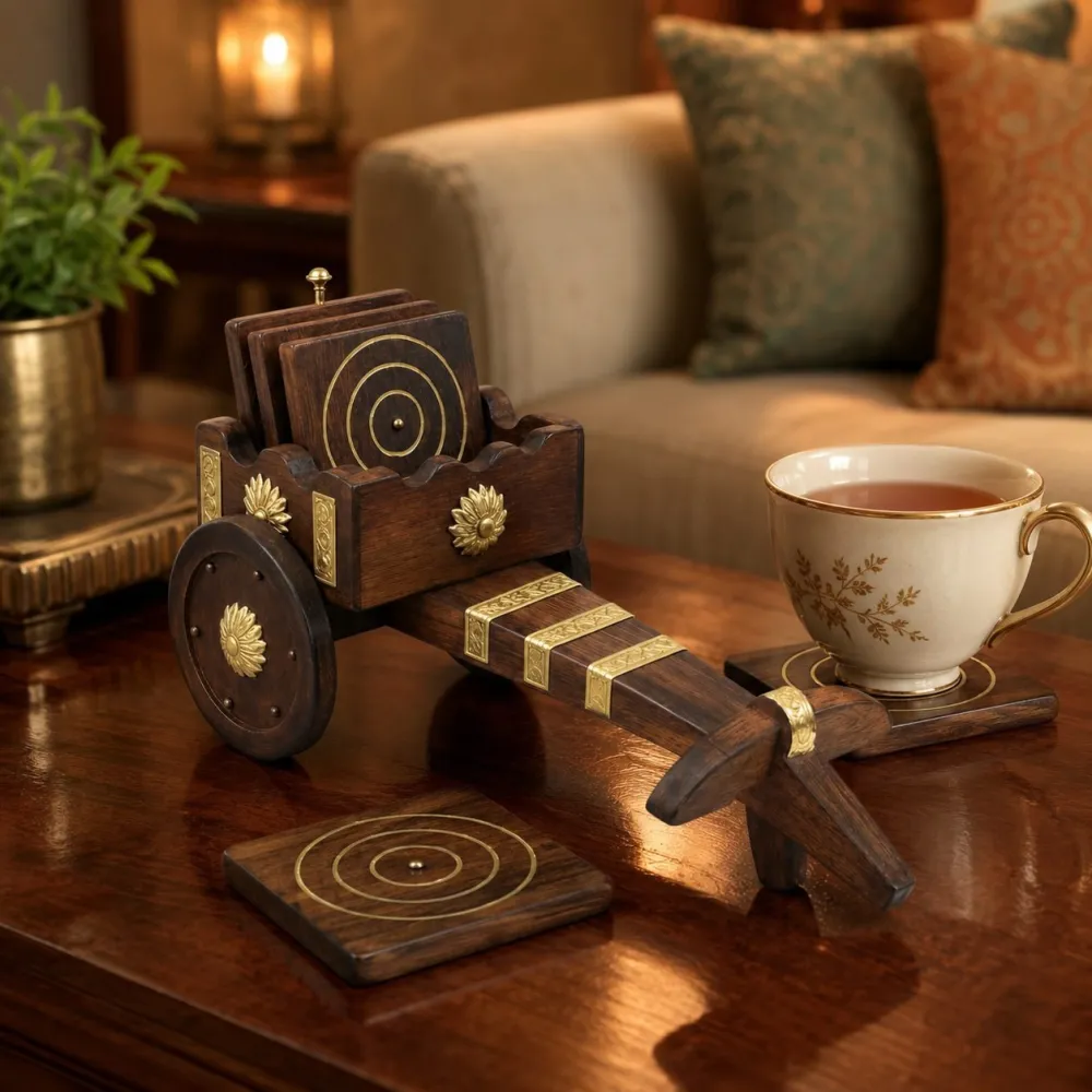 Wooden tea coaster set in a decorative bullock-cart holder