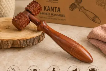 Handheld wooden roller massager with two textured wheels